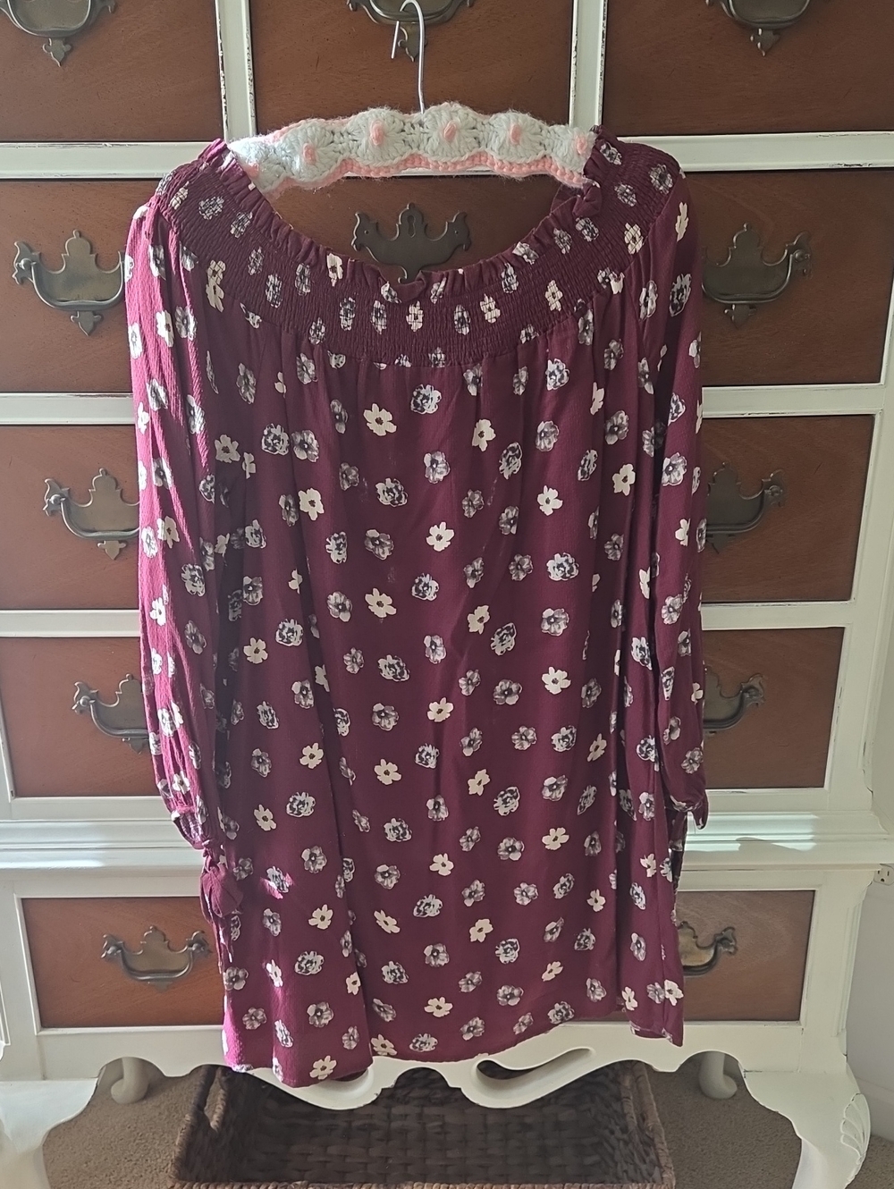 Blu Pepper Burgundy Floral Smocked Off-Shoulder Tunic